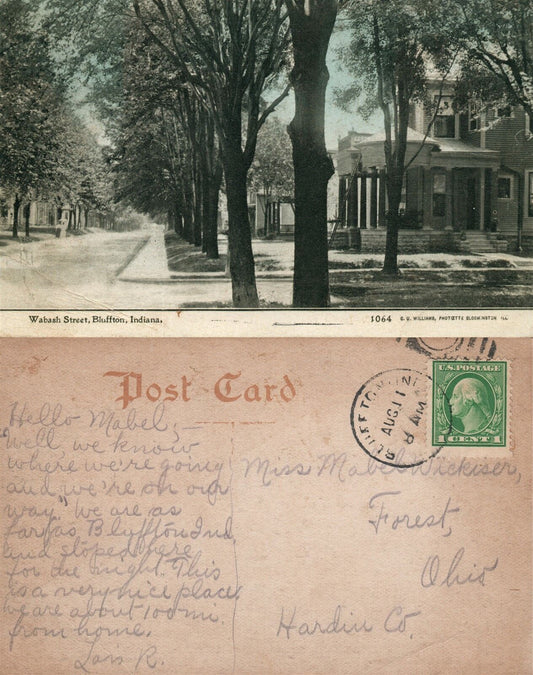BLUFFTON IN WABASH STREET ANTIQUE POSTCARD CORK CANCEL