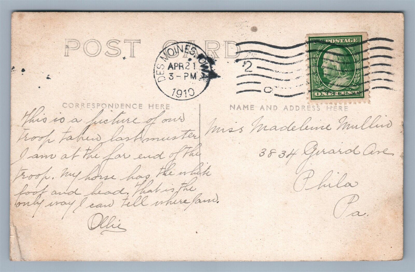 FT. DES MOINES IA CAVALRY TROOPS PARADE 1910 ANTIQUE REAL PHOTO POSTCARD RPPC