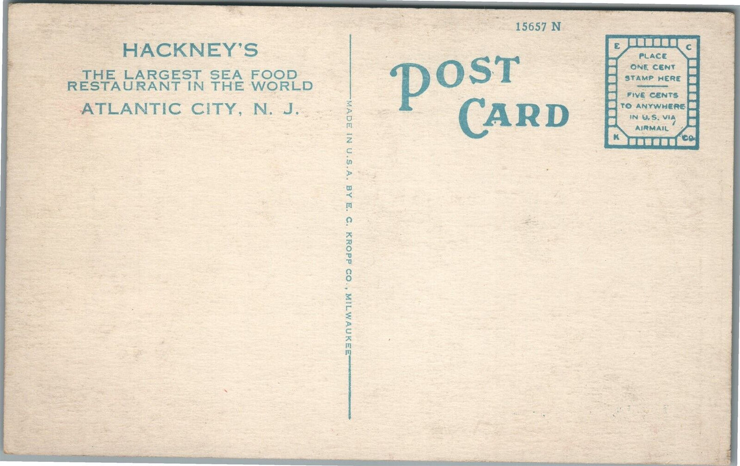 ATLANTIC CITY NJ HACKNEY'S RESTAURANT ADVERTISING ANTIQUE POSTCARD