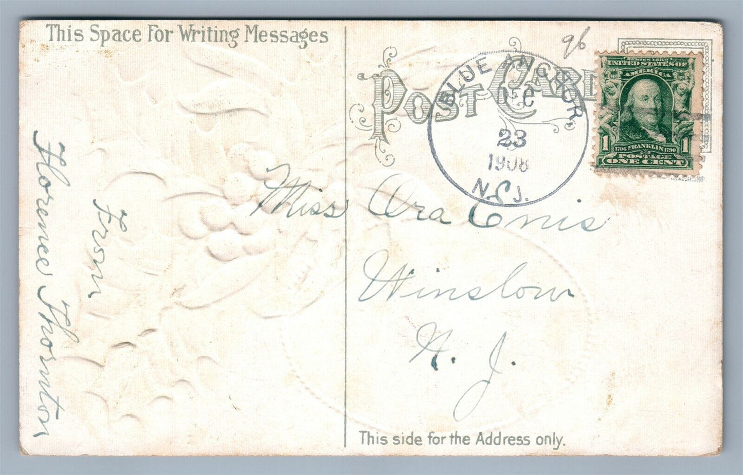 SANTA CLAUS in LIGHT GREEN ROBE w/ CHRISTMAS TREE EMBOSSED 1908 ANTIQUE POSTCARD