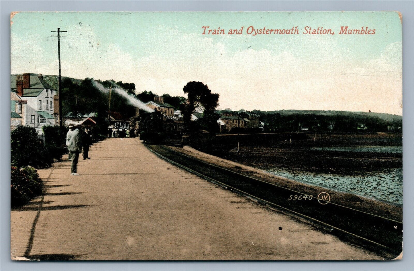 TRAIN & OYSTERMOUTH STATION MUMBLES ENGLAND ANTIQUE POSTCARD w/ STAMP