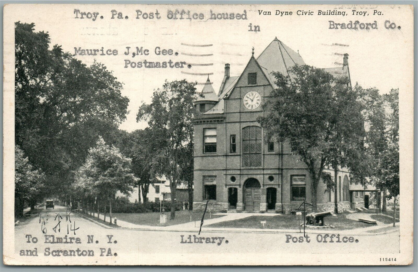 TROY PA VAN DYNE CIVIC BUILDING ANTIQUE POSTCARD