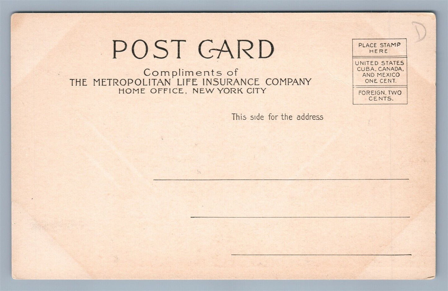 METROPOLITAN LIFE INSURANCE COMPANY LUNCH ROOM ADVERTISING NY ANTIQUE POSTCARD
