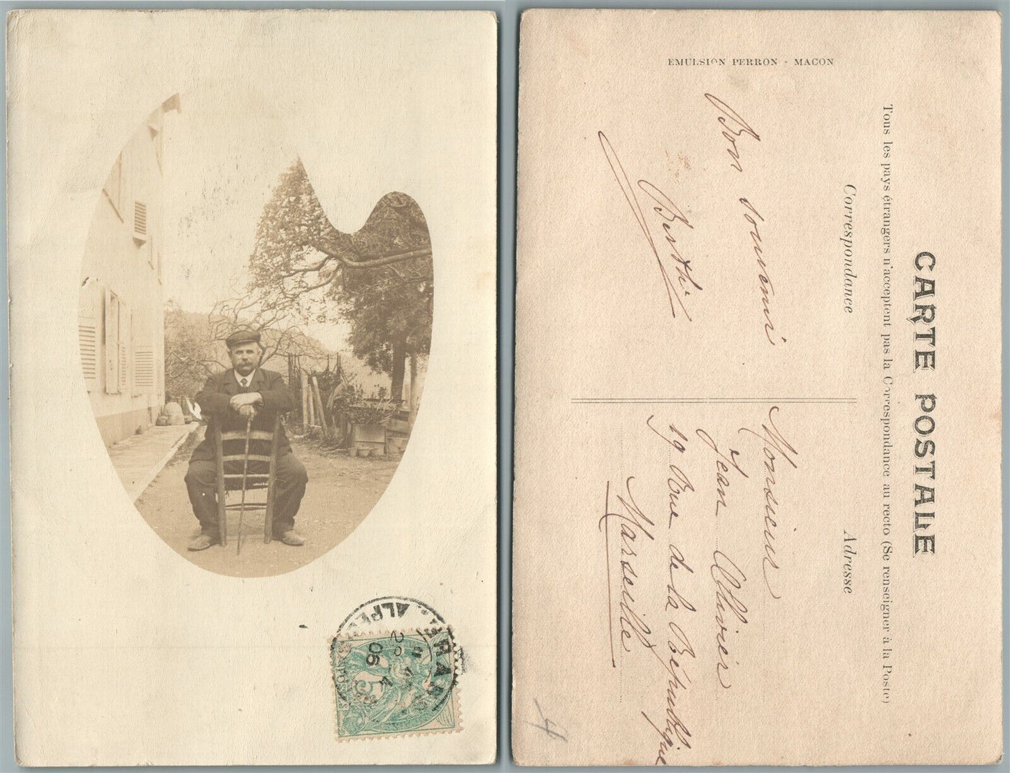 FRENCH MAN IN HIS BACKYARD ANTIQUE REAL PHOTO POSTCARD w/ STAMP RPPC