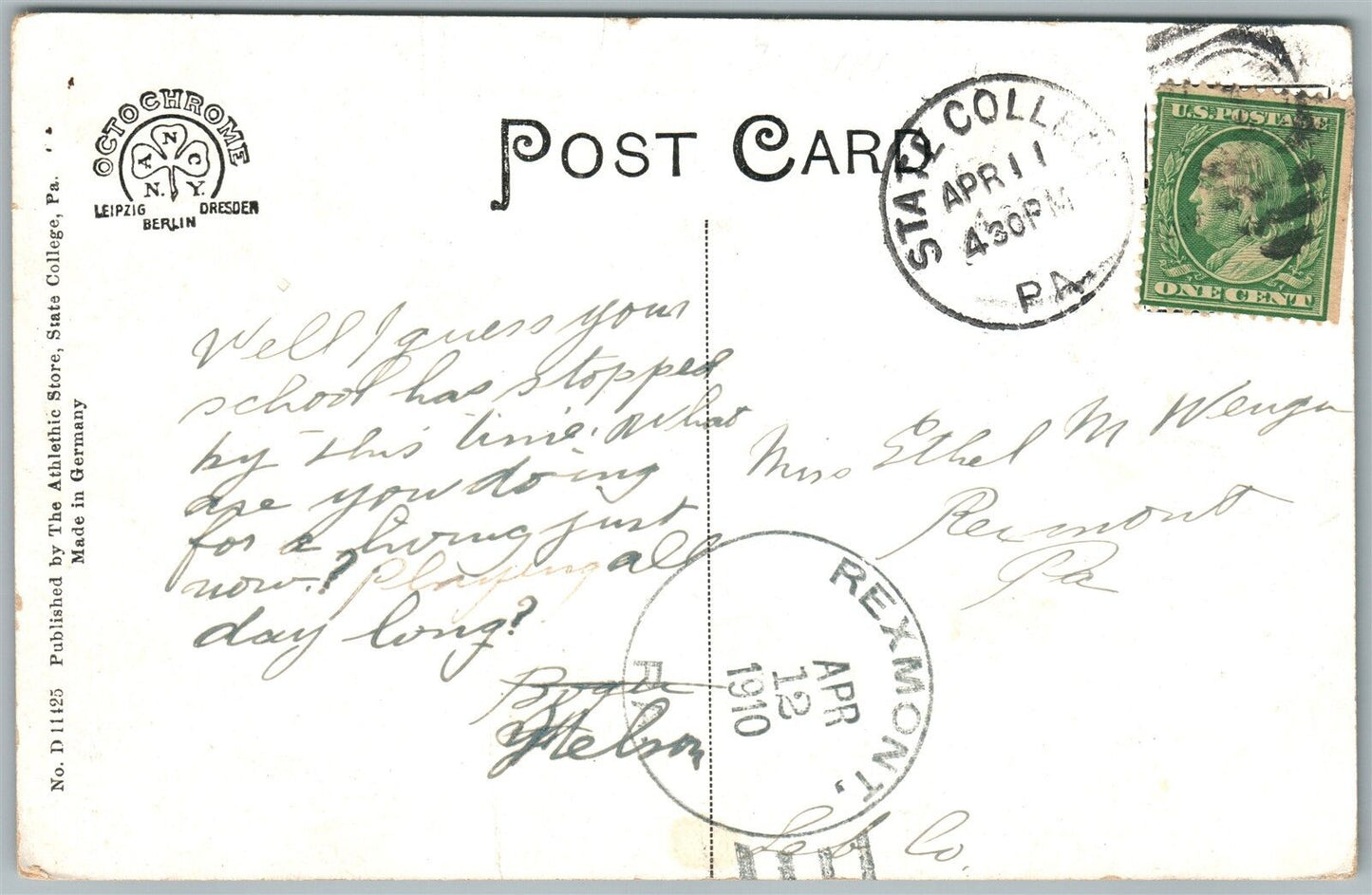 STATE COLLEGE PA McALLISTER HALL 1910 ANTIQUE POSTCARD