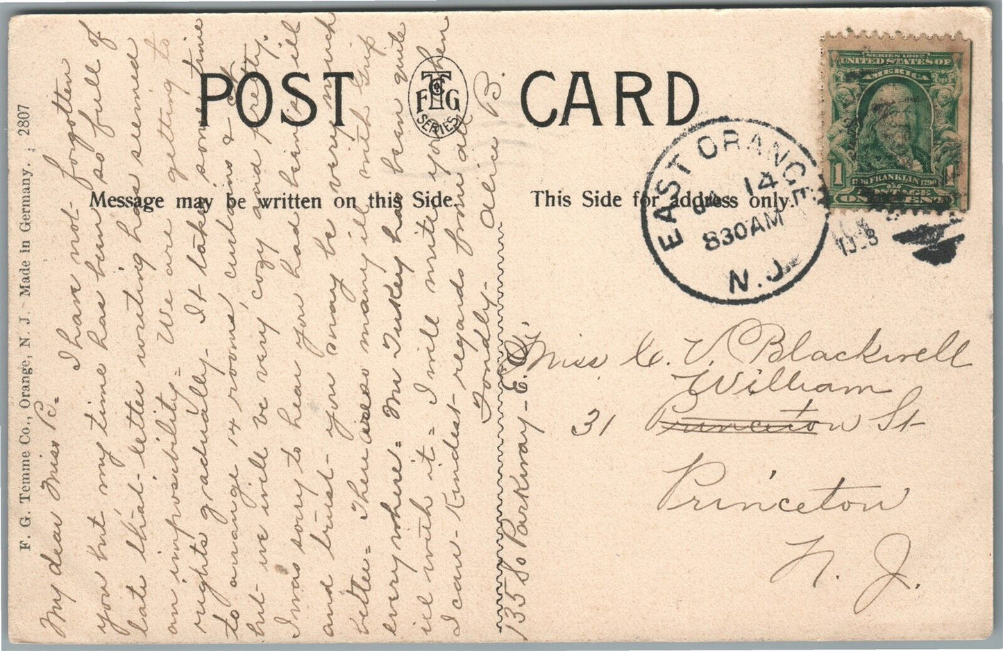 EAST ORANGE NJ RESIDENCE OF M.W. ADAMS ANTIQUE POSTCARD