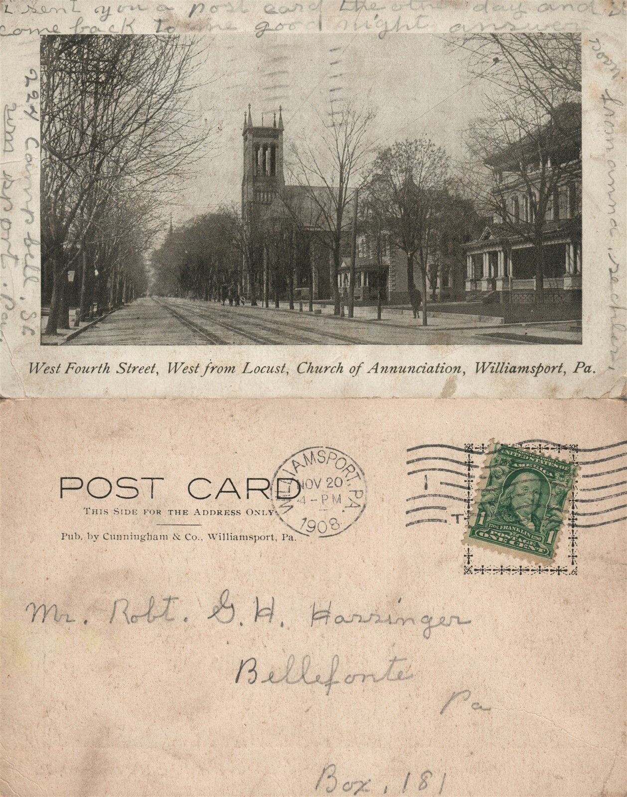 WILLIAMSPORT PA WEST FOURTH STREET 1908 ANTIQUE POSTCARD