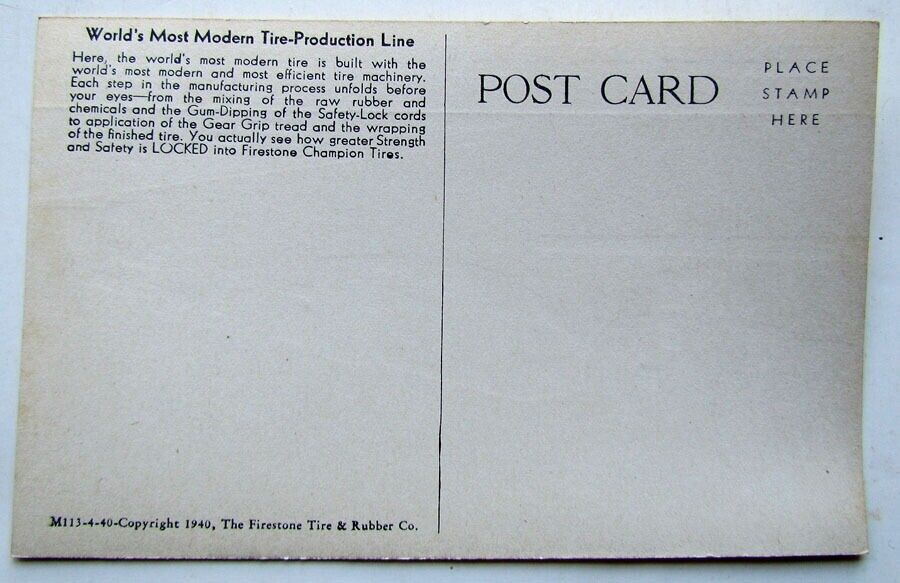 VINTAGE 1939 POSTCARD FIRESTONE CHAMPION TIRE PRODUCTION - NEW YORK WORLD'S FAIR