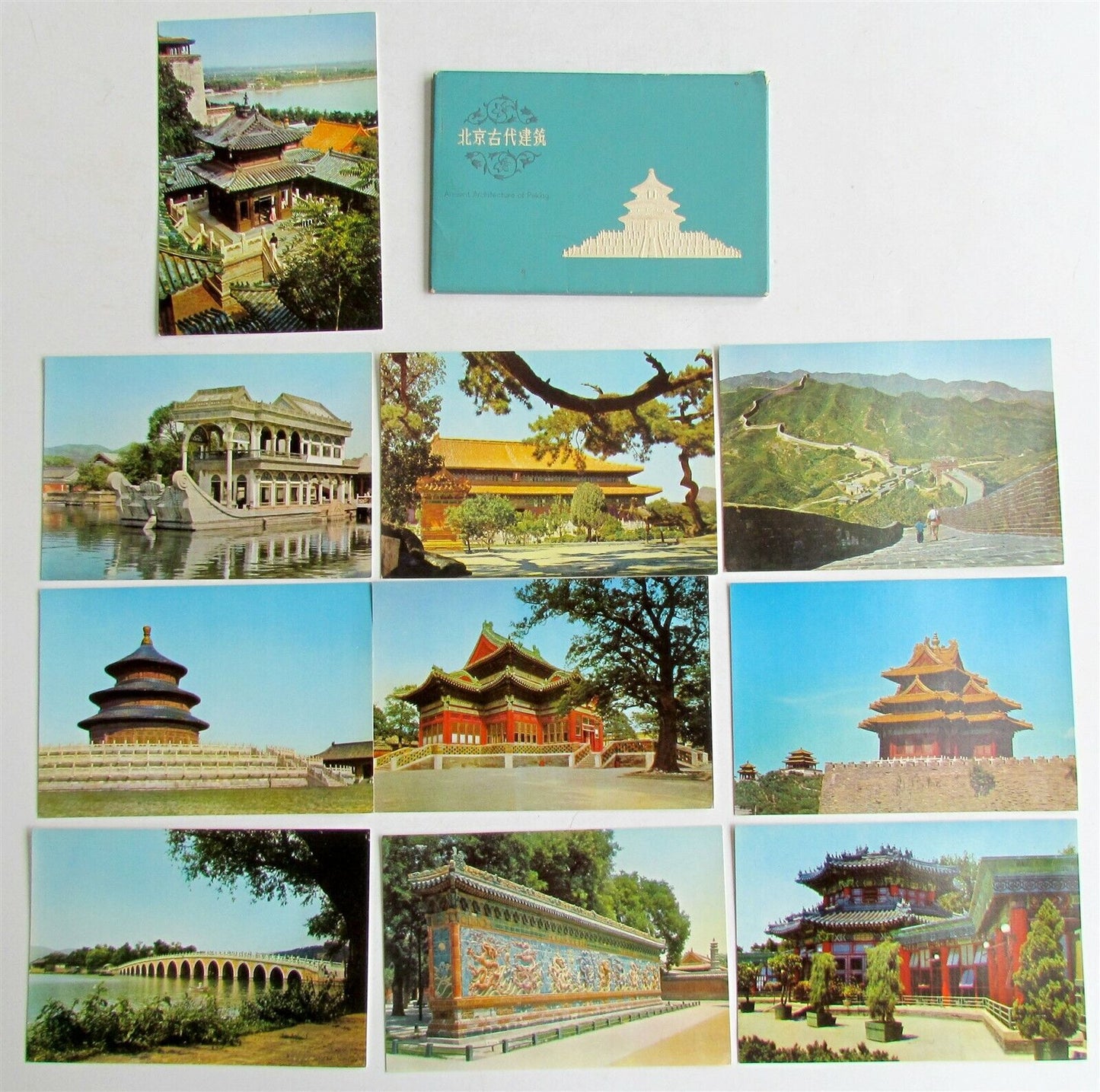 PEKING CHINA ANCIENT ARCHITECTURE lot of 10 VINTAGE POSTCARDS w/ FOLDER