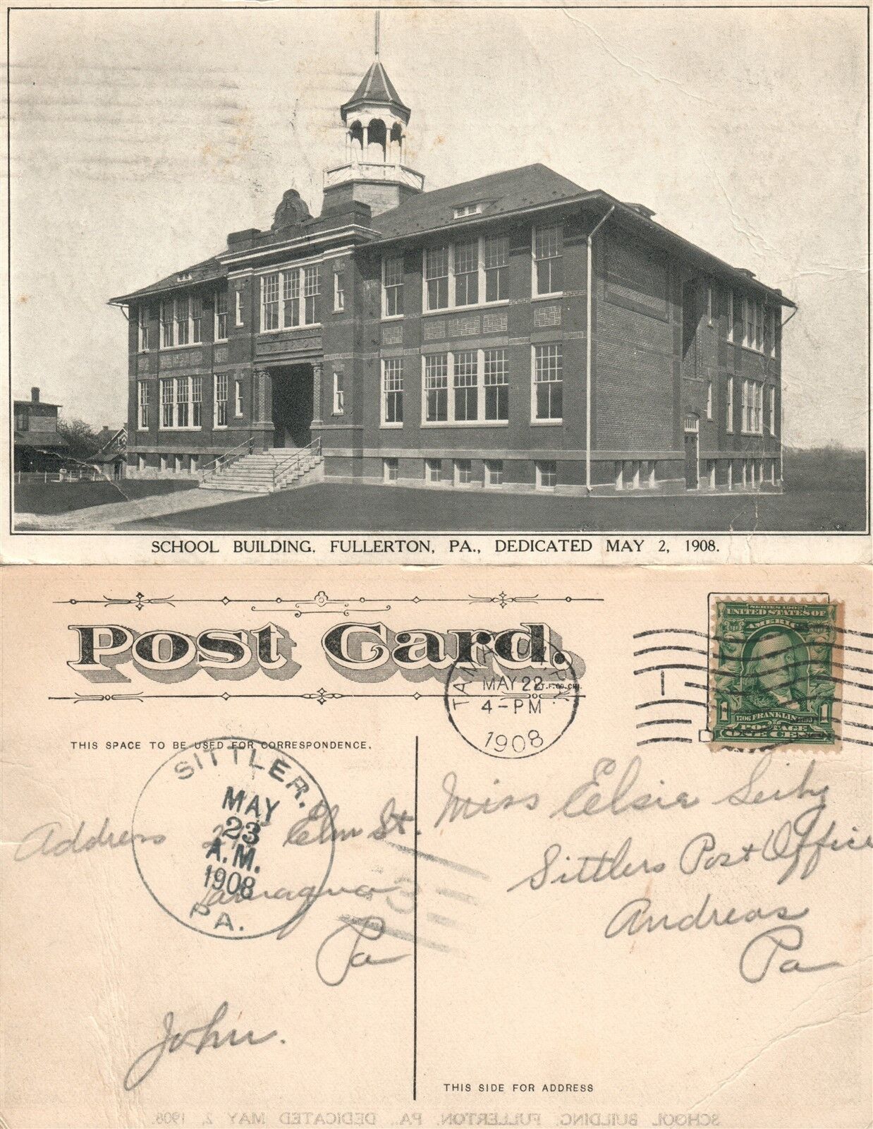 FULLERTON PA SCHOOL BUILDING 1908 ANTIQUE POSTCARD