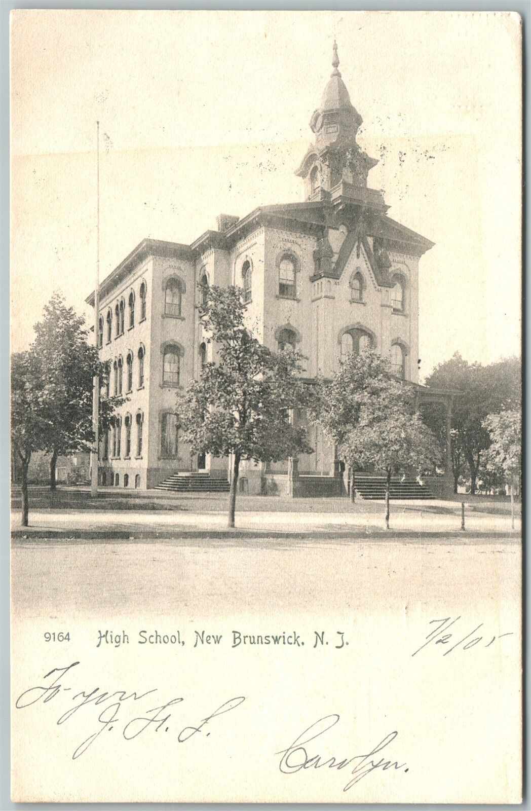 NEW BRUNSWICK NJ HIGH SCHOOL UNDIVIDED 1905 ANTIQUE POSTCARD w/ CORK CANCEL