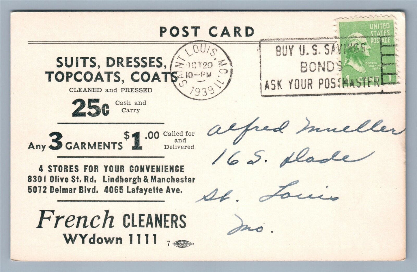 ST.LOUIS MO FRENCH CLEANERS ADVERTISING 1939 VINTAGE POSTCARD