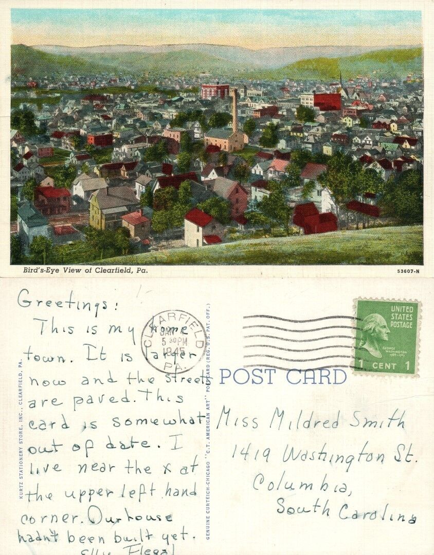 CLEARFIELD PA BIRD'S EYE VIEW 1945 VINTAGE POSTCARD