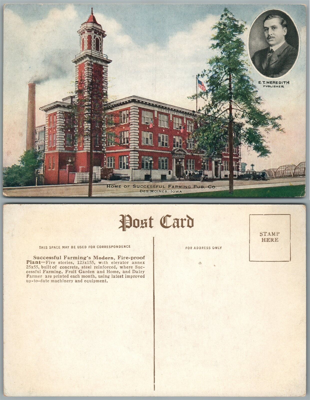 DES MOINES IA SUCCESFUL FARMING FIRE-PROOF PLANT ANTIQUE POSTCARD
