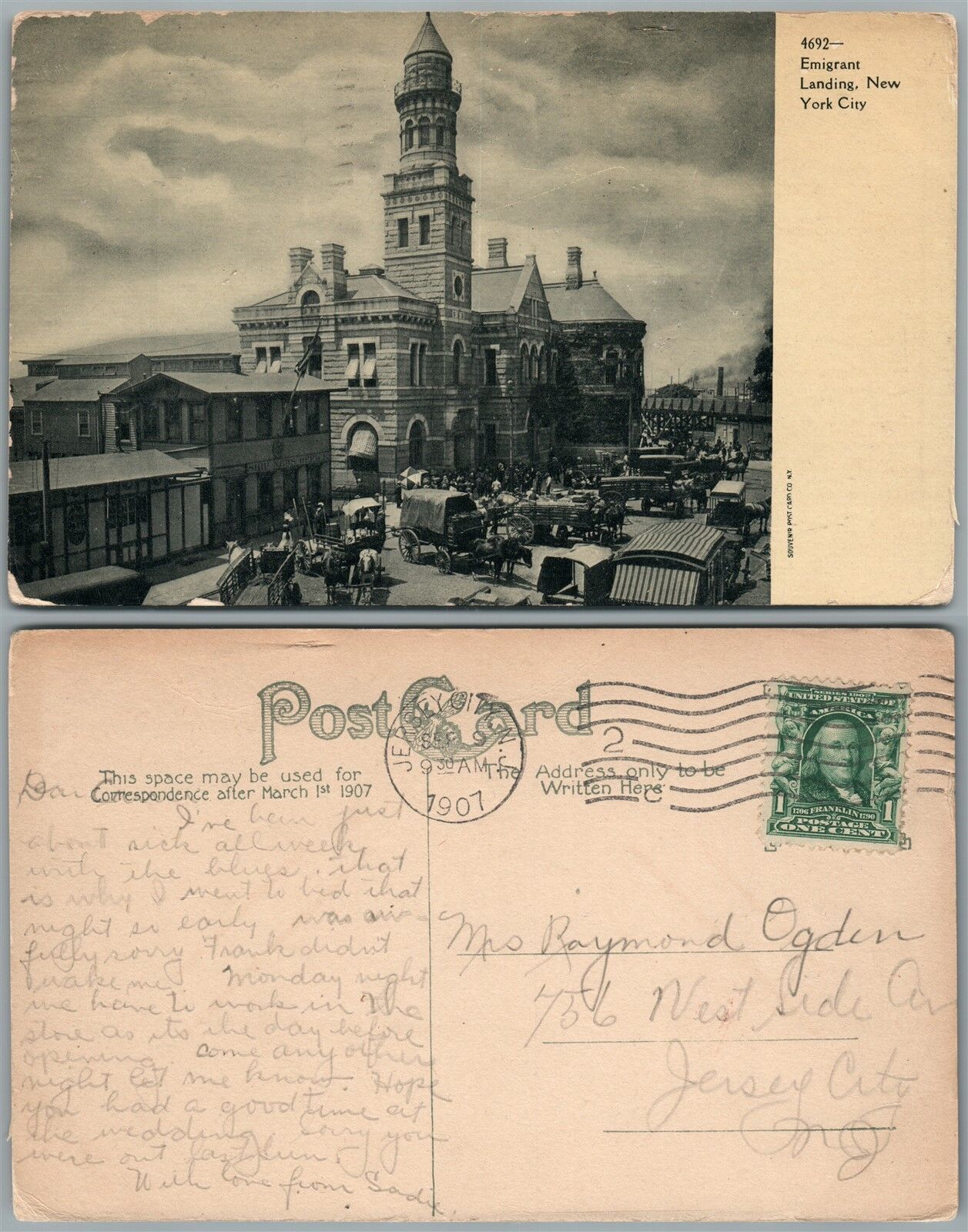 NEW YORK CITY N.Y. EMIGRANT LANDING 1907 ANTIQUE POSTCARD