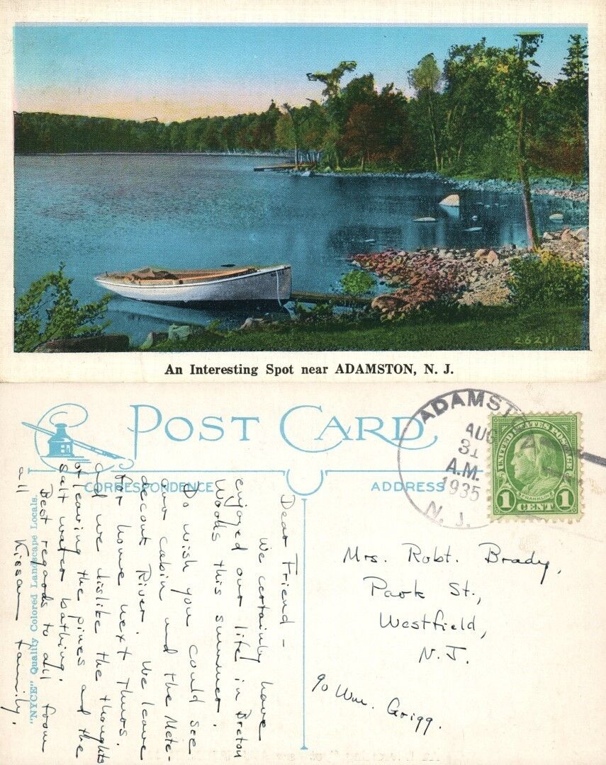 ADAMSTON N.J. 1935 VINTAGE POSTCARD