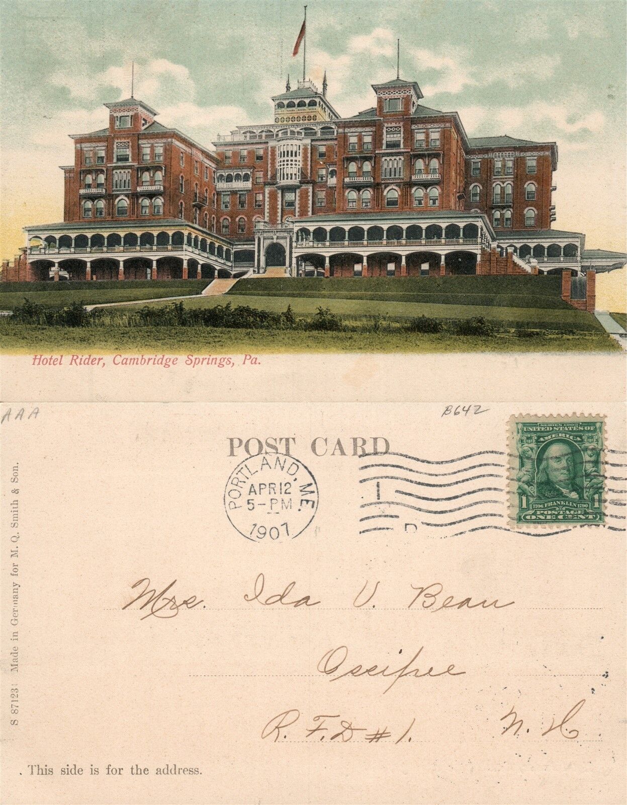 CAMBRIDGE SPRINGS PA HOTEL RIDER 1907 UNDIVIDED ANTIQUE POSTCARD
