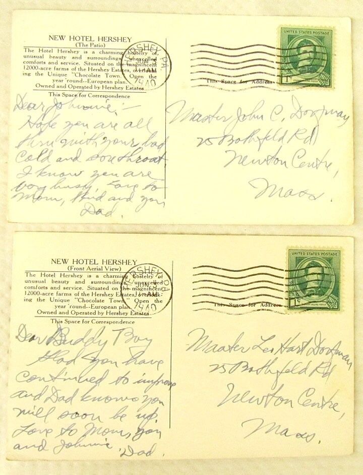 LOT OF 2 NEW HOTEL HERSHEY PENNSYLVANIA VINTAGE 1940 POSTCARDS