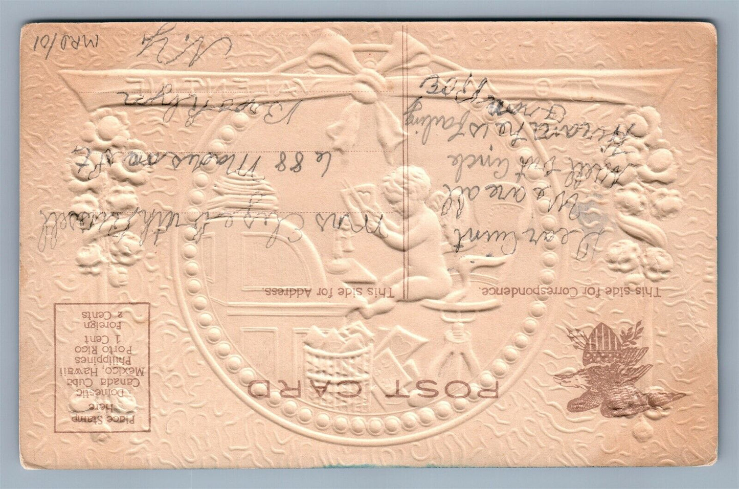 VALENTINE EMBOSSED ANTIQUE POSTCARD CUPID READING LETTERS