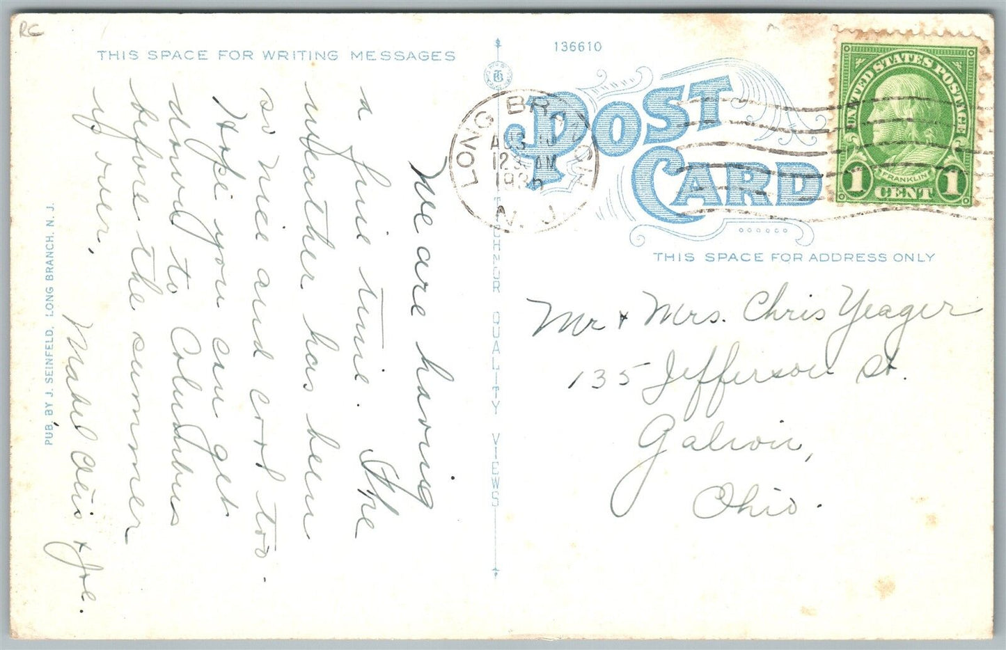 WEST END NJ COLONY SURF CLUB 1936 VINTAGE POSTCARD