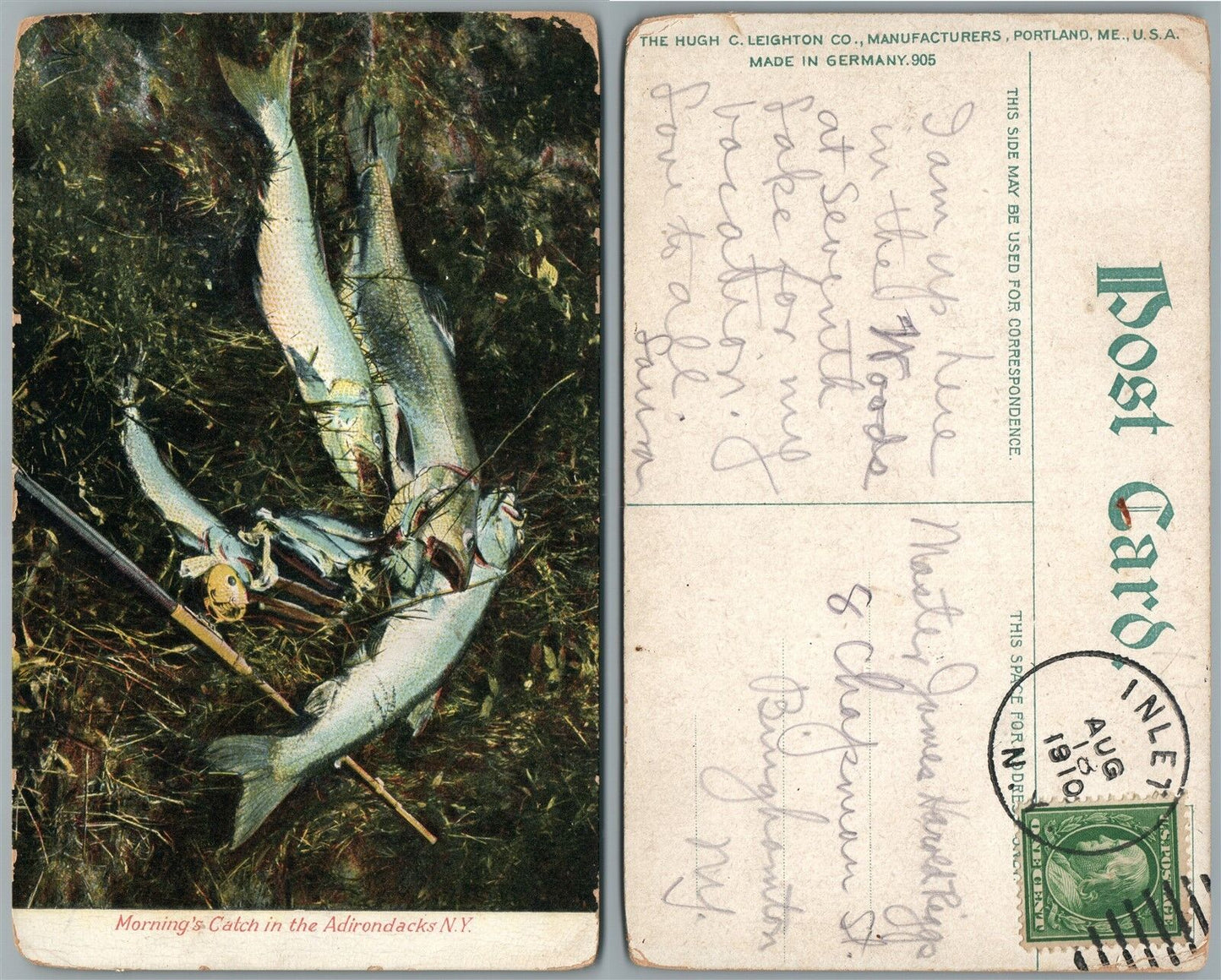 ADIRONDACKS N.Y. MORNING CATCH FISHING SCENE 1910 ANTIQUE POSTCARD