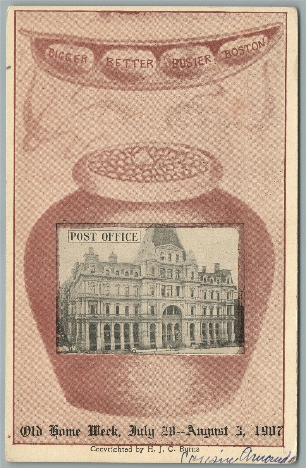 BOSTON MA POST OFFICE OLD HOME WEEK 1907 ANTIQUE POSTCARD