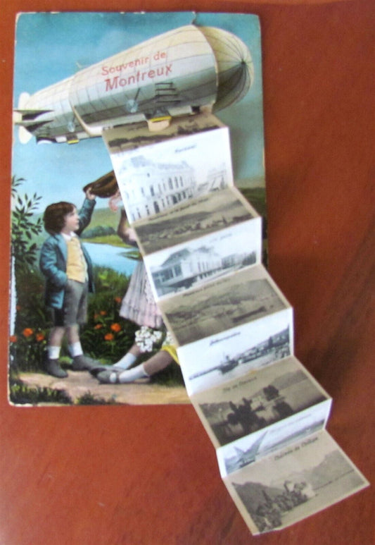 ZEPPELIN DIRIGIBLE ANTIQUE POSTCARD w/ FOLDED MINIATURE VIEWS of MONTREUX FRANCE