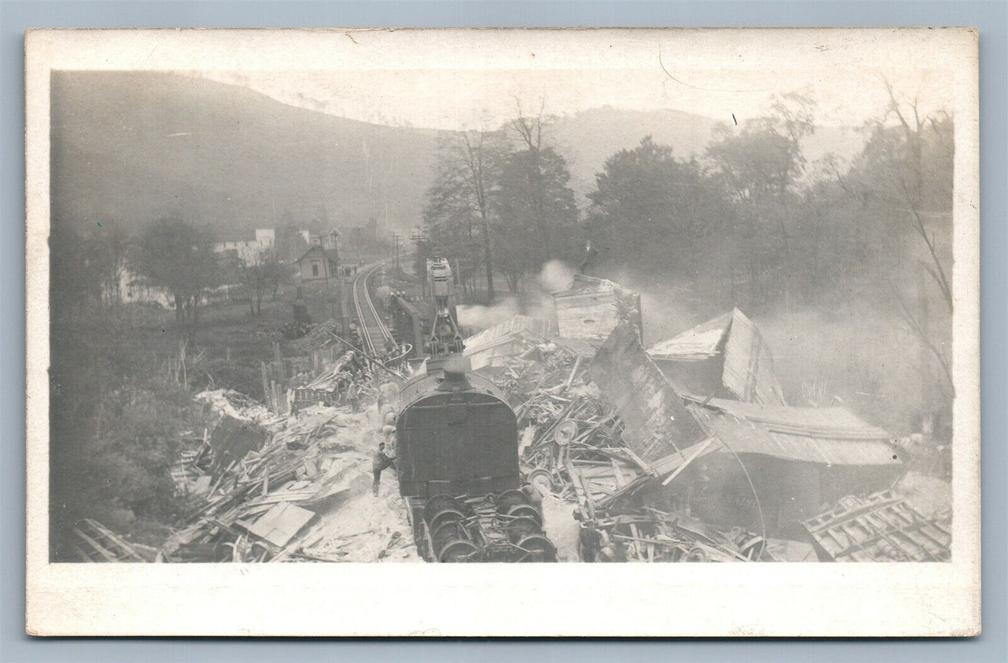 TRAIN WRECK at RAILROAD STATION ANTIQUE REAL PHOTO POSTCARD RPPC railway