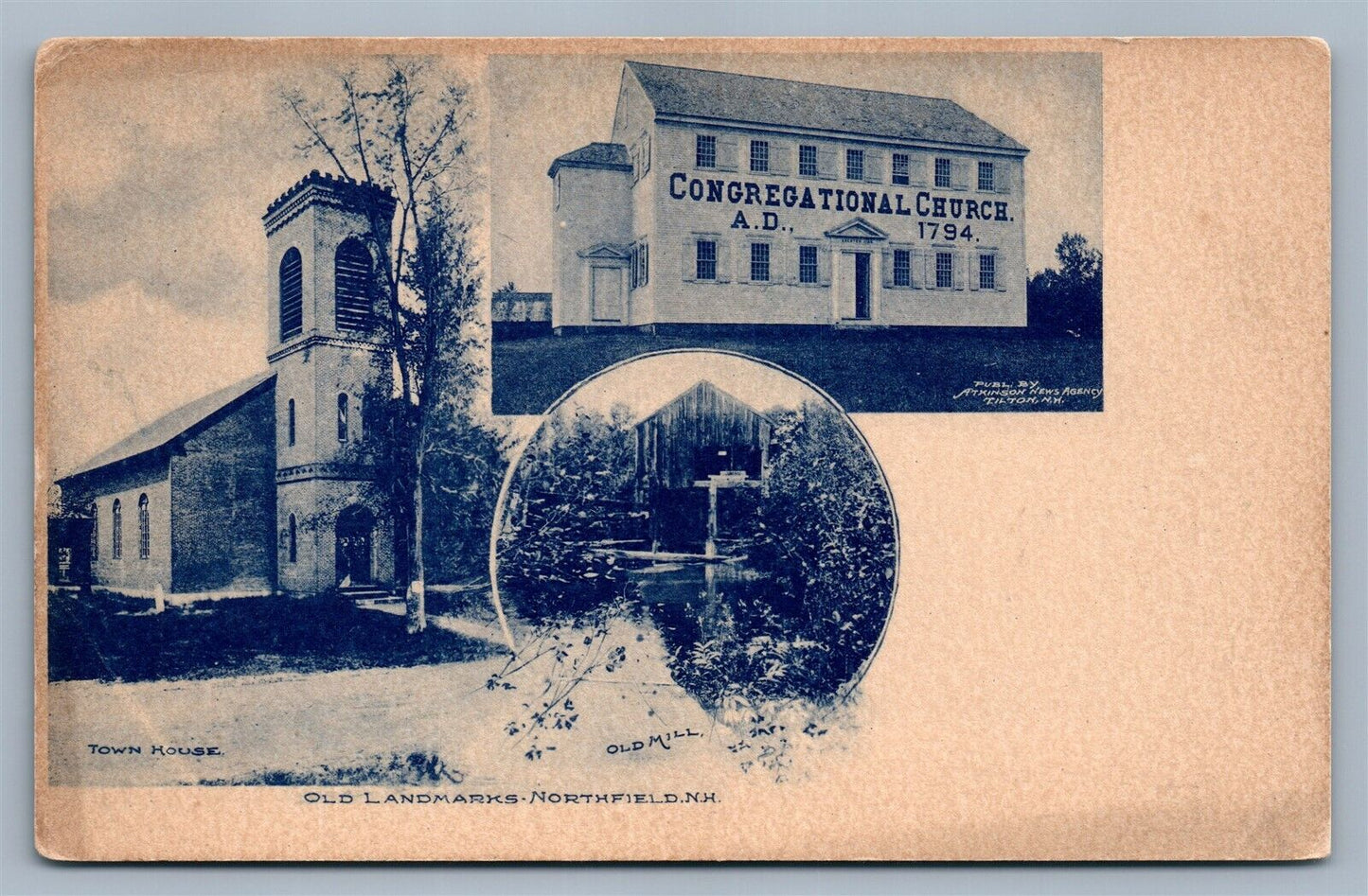 NORTHFIELD NH OLD LANDMARKS UNDIVIDED ANTIQUE POSTCARD mill church town house