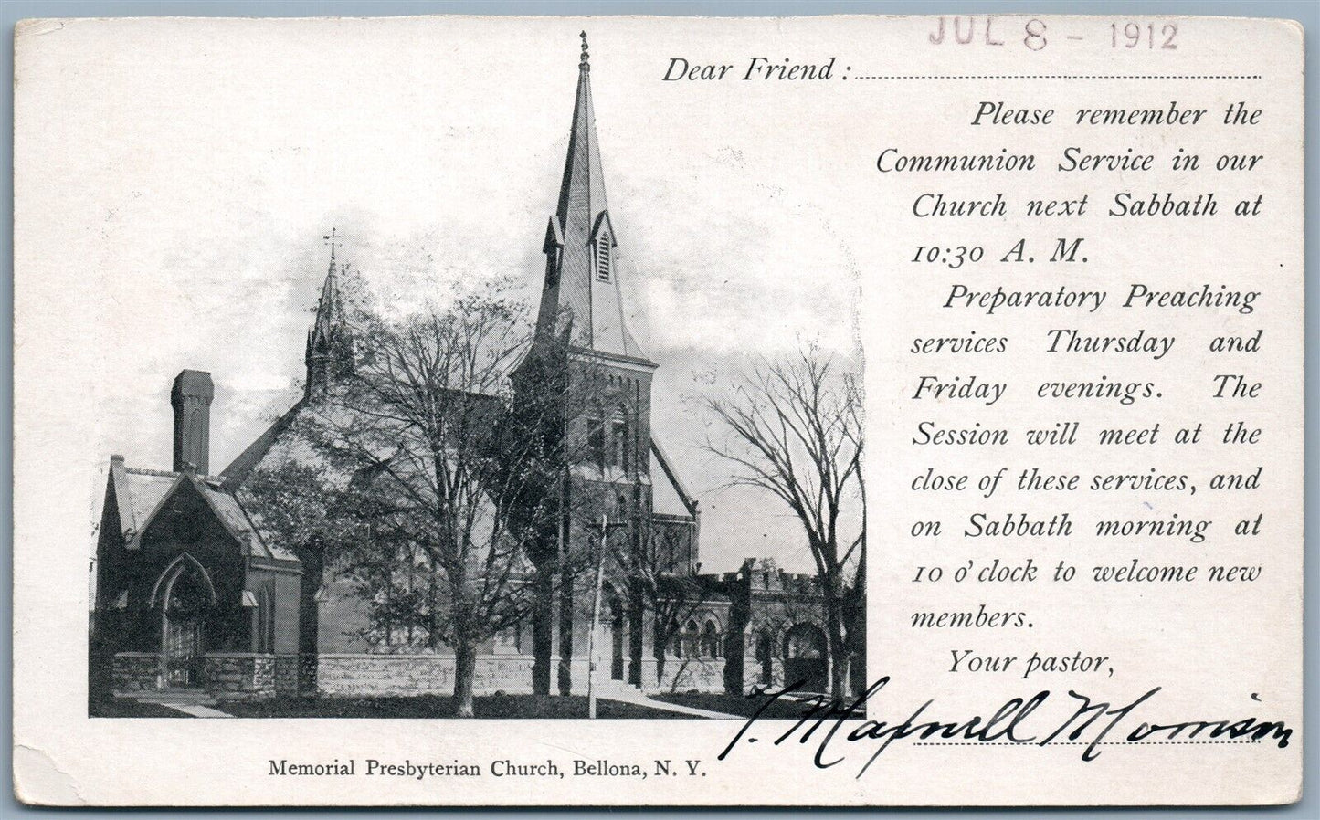 BELLONA NY PRESBYTERIAN CHURCH 1912 ANTIQUE POSTCARD