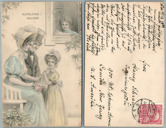HAPPY NEW YEAR AUSTRIAN ANTIQUE ART POSTCARD of HAPPY FAMILY