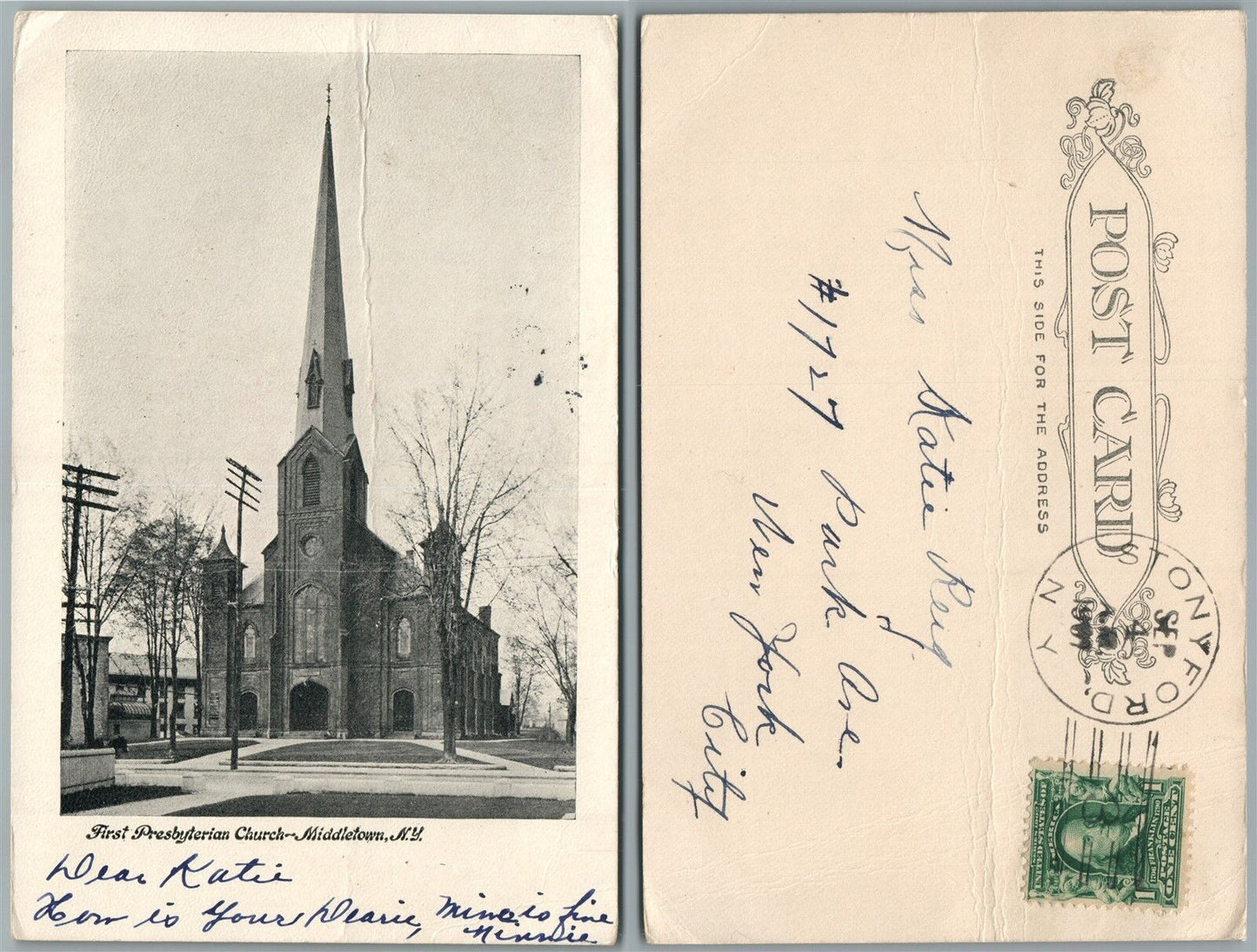 MIDDLETOWN N.Y. FIRST PRESBYTERIAN CHURCH UNDIVIDED ANTIQUE POSTCARD