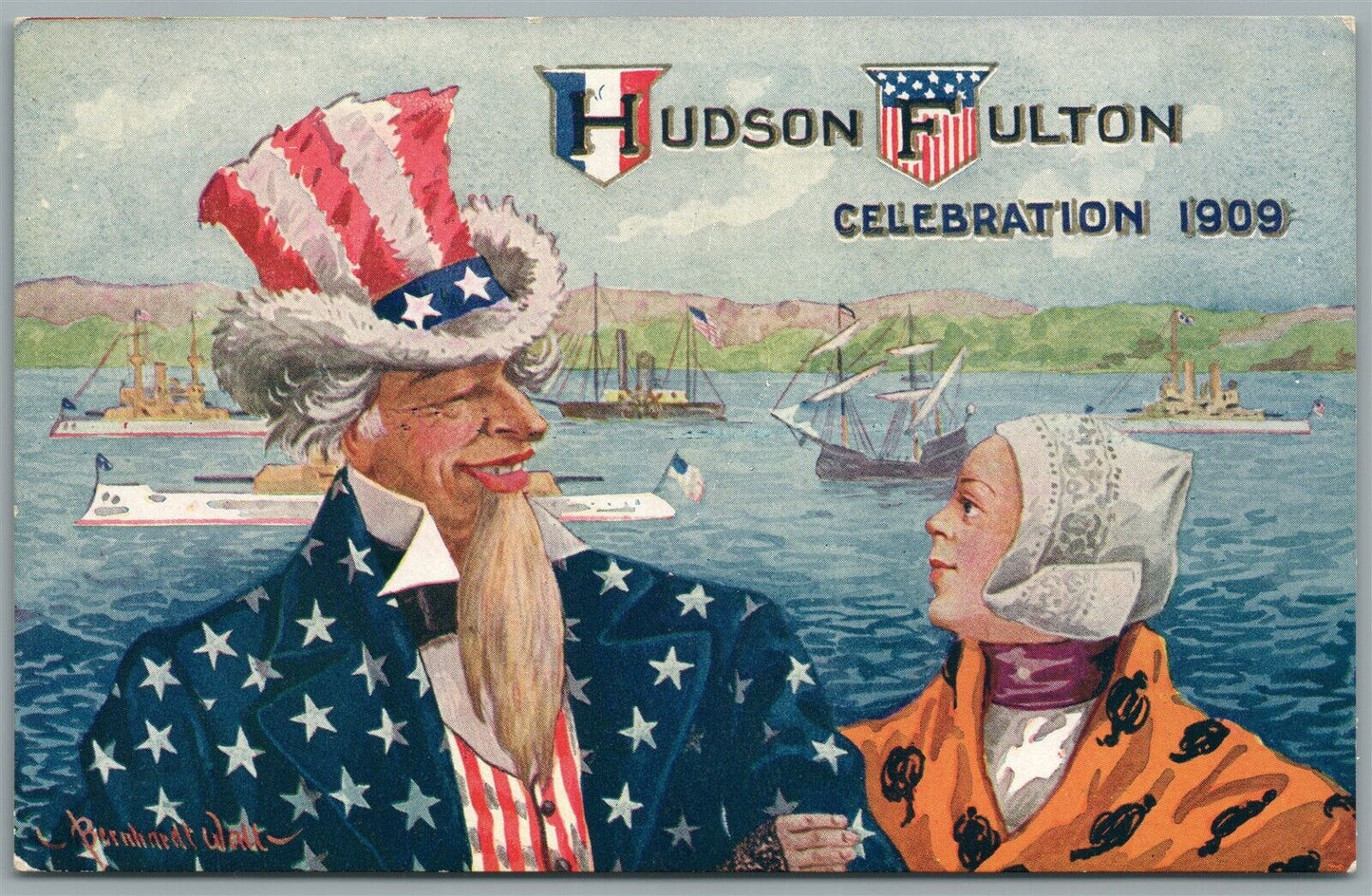 UNCLE SAM HUDSON FULTON CELEBRATION 1909 PATRIOTIC ANTIQUE POSTCARD