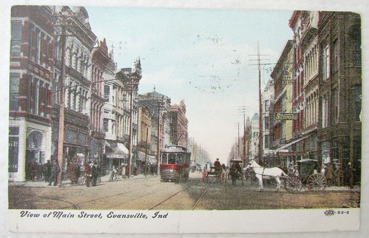 VIEW OF MAIN STREET EVANSVILLE INDIANA 1908 ANTIQUE POSTCARD TROLLEY RAILWAY