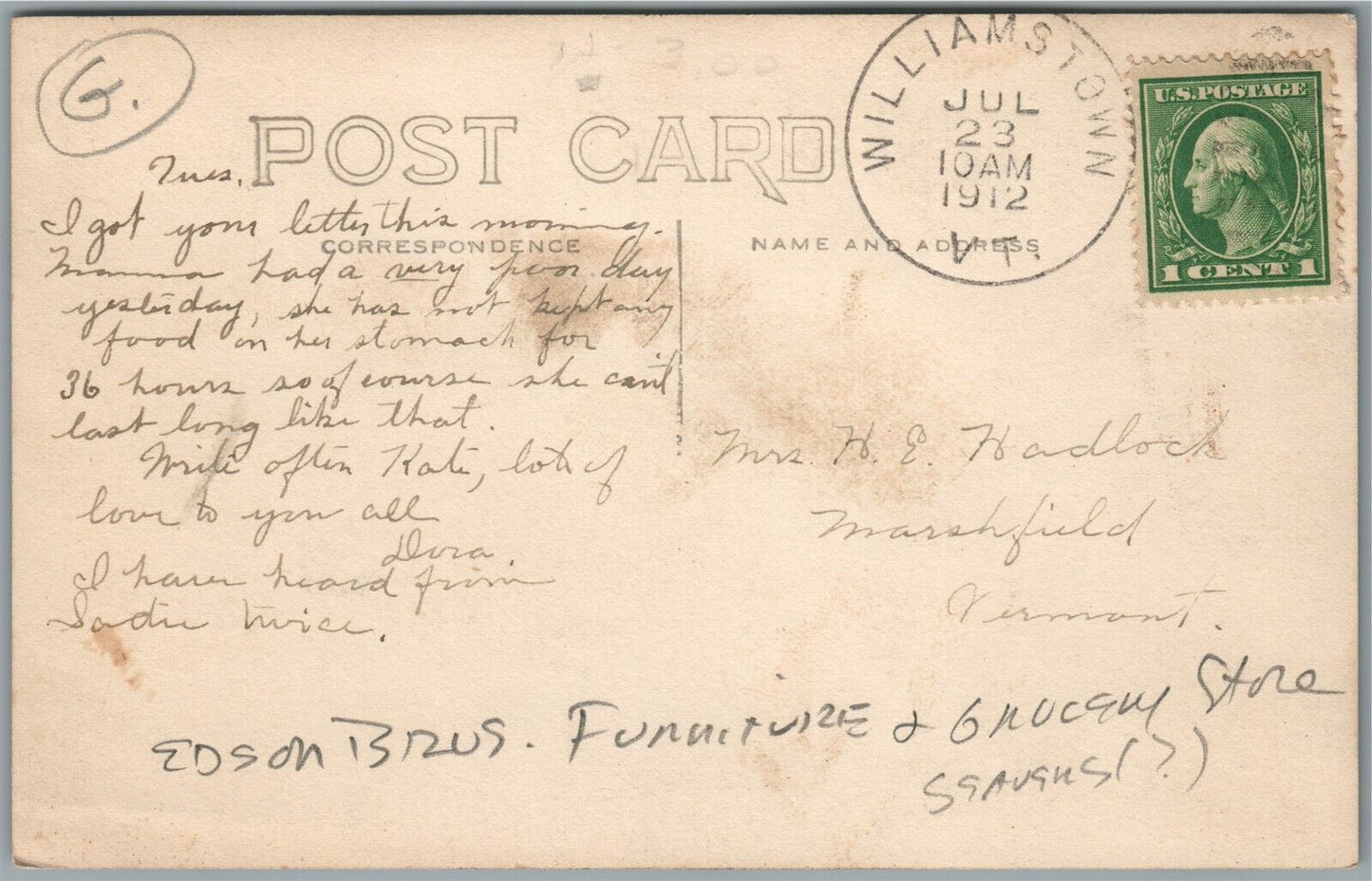 WILLIAMSTOWN VT SCENE w/ FURNITURE STORE ANTIQUE REAL PHOTO POSTCARD RPPC