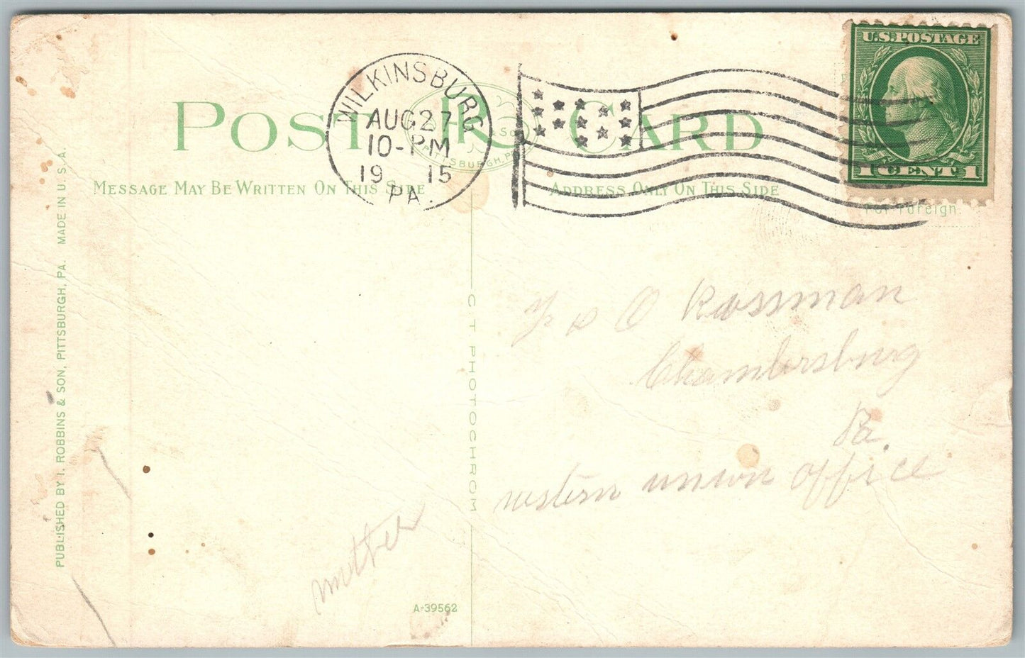 WILKINSBURG PA ROSS AVENUE 1915 ANTIQUE POSTCARD