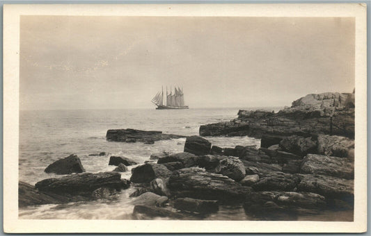 CAPE COTTAGE ME HARBOR VIEW w/ SAIL SHIP ANTIQUE REAL PHOTO POSTCARD RPPC