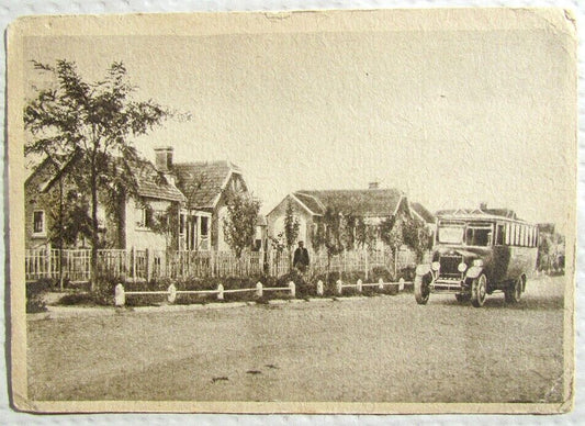 1930s VINTAGE RUSSIAN POSTCARD - COTTAGES AT DNEPROSTROI old bus automobile