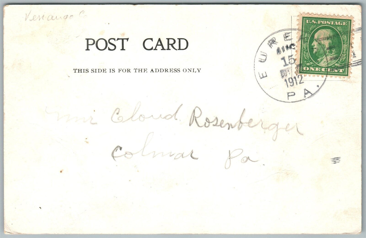PLEASANTVILLE PA REFORMED CHURCH 1912 UNDIVIDED ANTIQUE POSTCARD