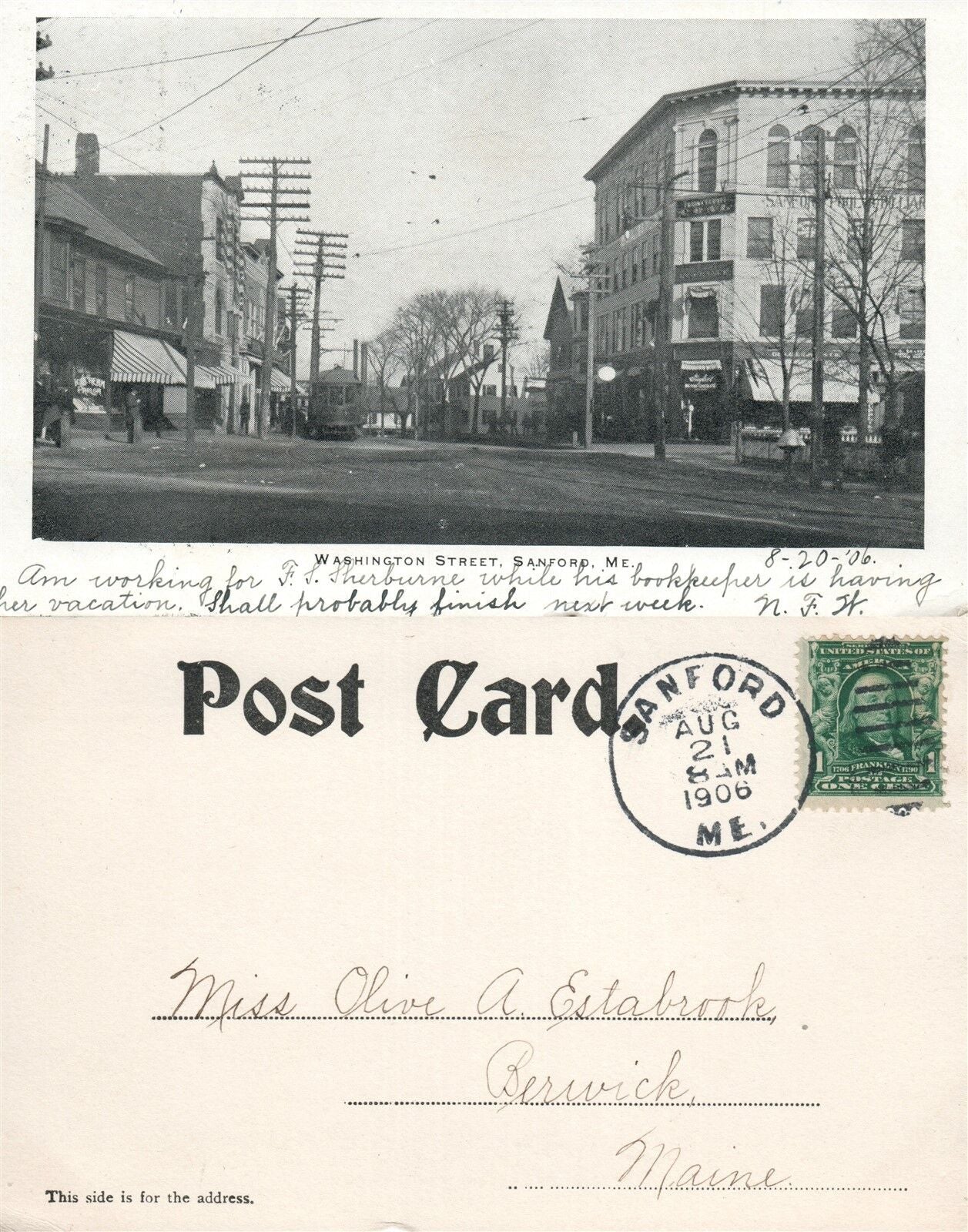 SANFORD ME WASHINGTON STREET 1906 UNDIVIDED ANTIQUE POSTCARD CORK CANCEL