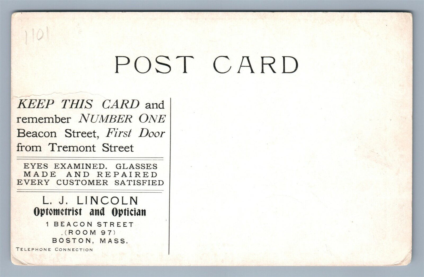 BOSTON MA L.J.LINCOLN OPTICIAN ADVERTISING ANTIQUE POSTCARD