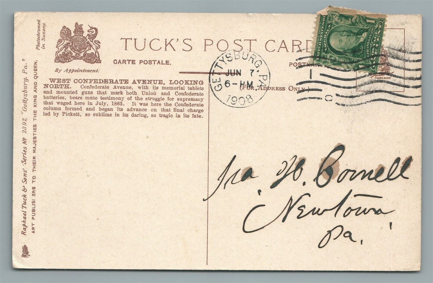 GETTYSBURG PA WEST CONFEDERATE AVENUE ANTIQUE POSTCARD