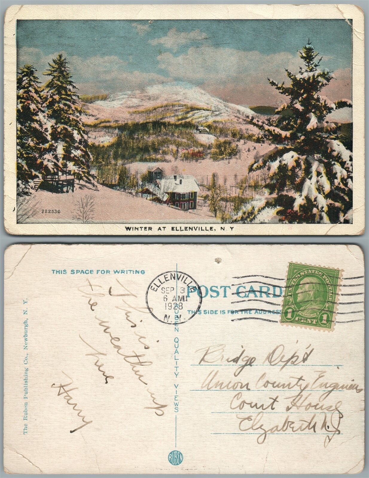 ELLENVILLE N.Y. WINTER SCENE 1928 ANTIQUE POSTCARD