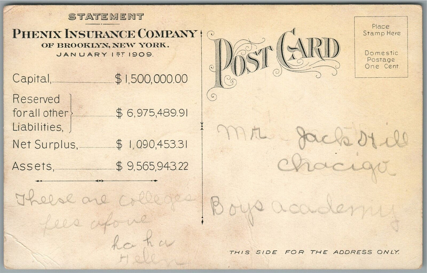 BOOKLYN NY PHENIX INSURANCE COMPANY ADVERTISING ANTIQUE POSTCARD