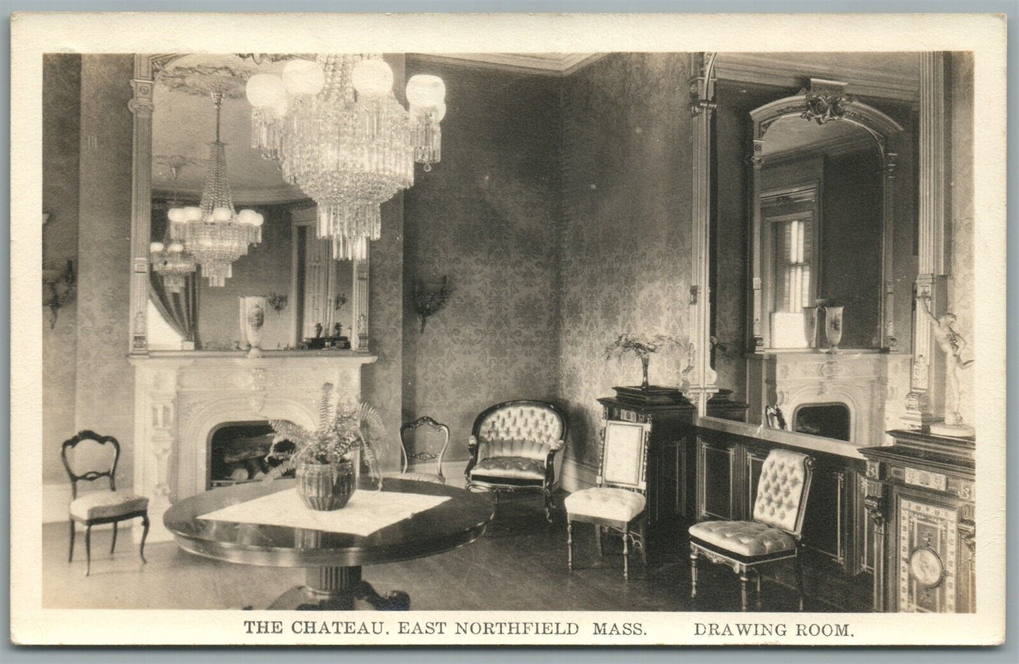 EAST NORTHFIELD MA THE CHATEAU DRAWING ROOM VINTAGE REAL PHOTO POSTCARD RPPC