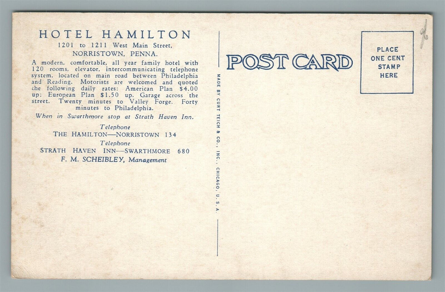 NORRISTOWN PA THE HAMILTON MAIN STREET ANTIQUE POSTCARD
