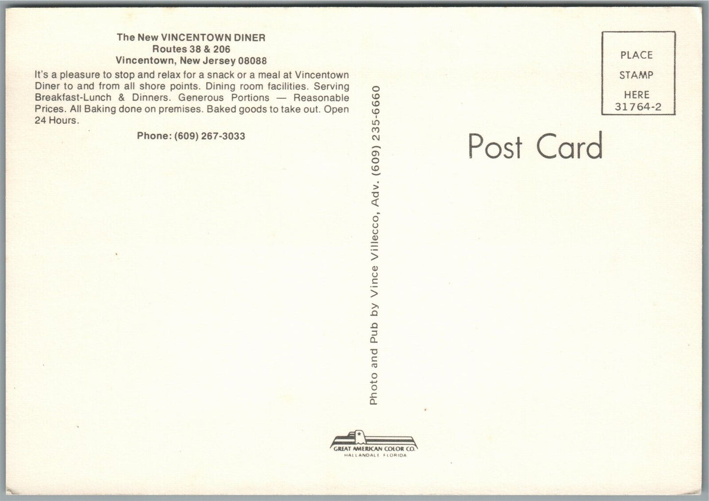 VINCENTOWN NJ DINER VINTAGE POSTCARD