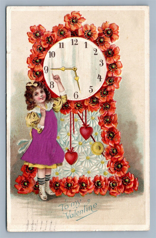 VALENTINE ANTIQUE EMBOSSED POSTCARD GIRL w/ CLOCK IN APPLIQUE CLOTH DRESS