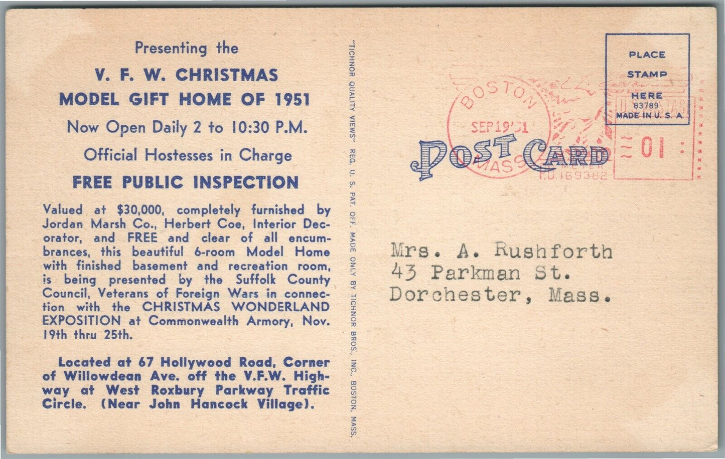 WEST ROXBURY BOSTON MA CHRISTMAS MODEL GIFT HOME OF 1951 VINTAGE POSTCARD