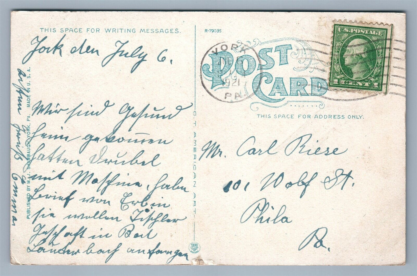 YORK PA HOTEL BROOKS ADVERTISING 1921 ANTIQUE POSTCARD